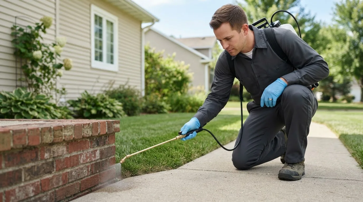 Pest control technician treating a home near Southfield, MI